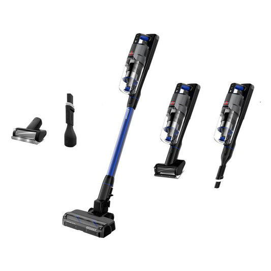 Cordless handheld vacuum cleaner, 200W suction power, self-standing design, with removable battery and bright LED headlight.