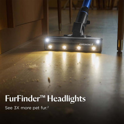 Cordless handheld vacuum cleaner, 200W suction power, self-standing design, with removable battery and bright LED headlight.