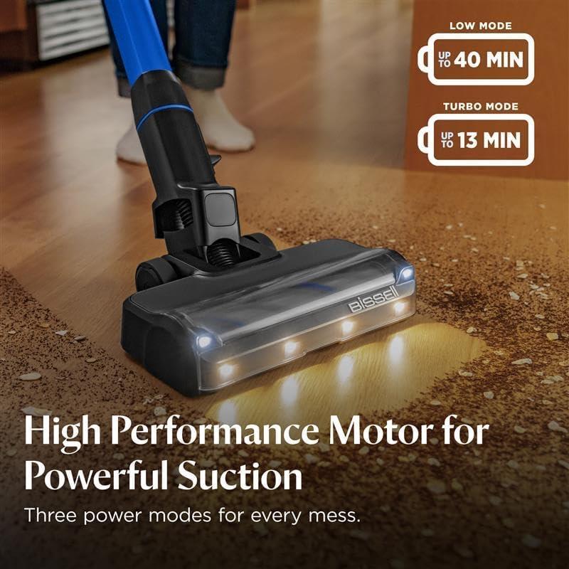 Cordless handheld vacuum cleaner, 200W suction power, self-standing design, with removable battery and bright LED headlight.