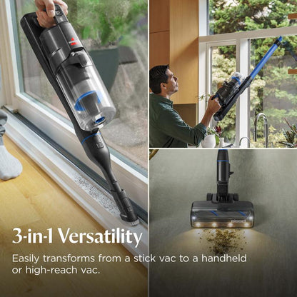 Cordless handheld vacuum cleaner, 200W suction power, self-standing design, with removable battery and bright LED headlight.